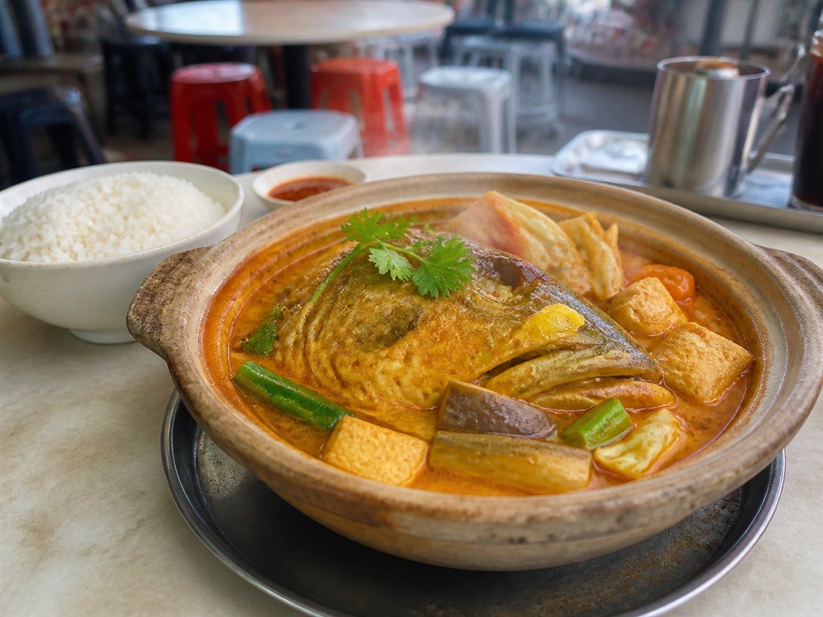 Claypot curry fish head with okra, eggplant, cabbage and tofu puffs