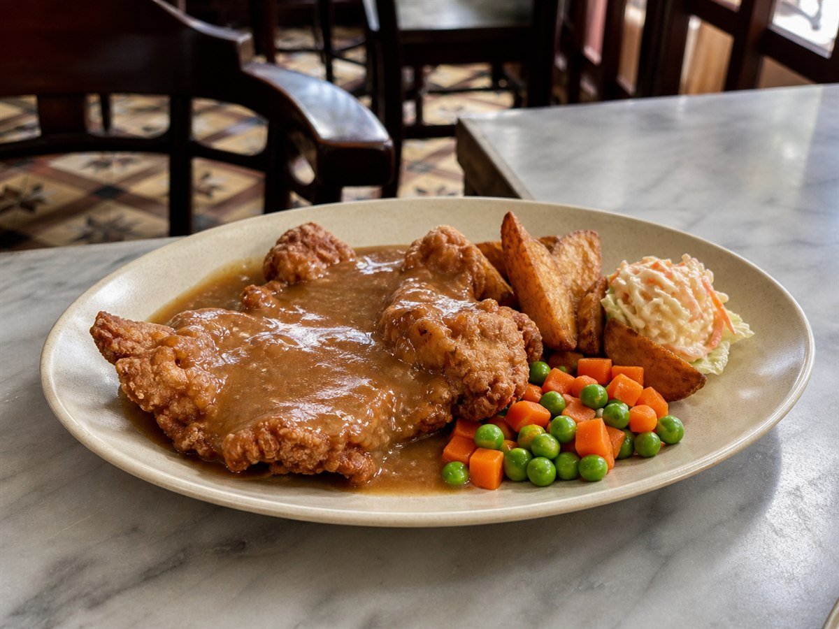 Old-school Hainanese fried chicken chop with brown gravy and vegetables