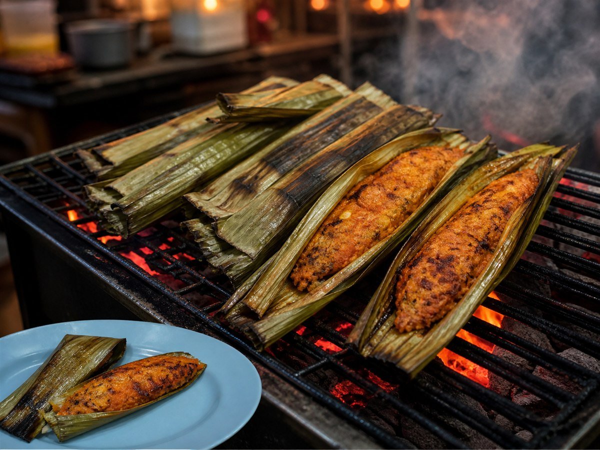 Johor-style otak-otak fish paste grilled in leaves over charcoal