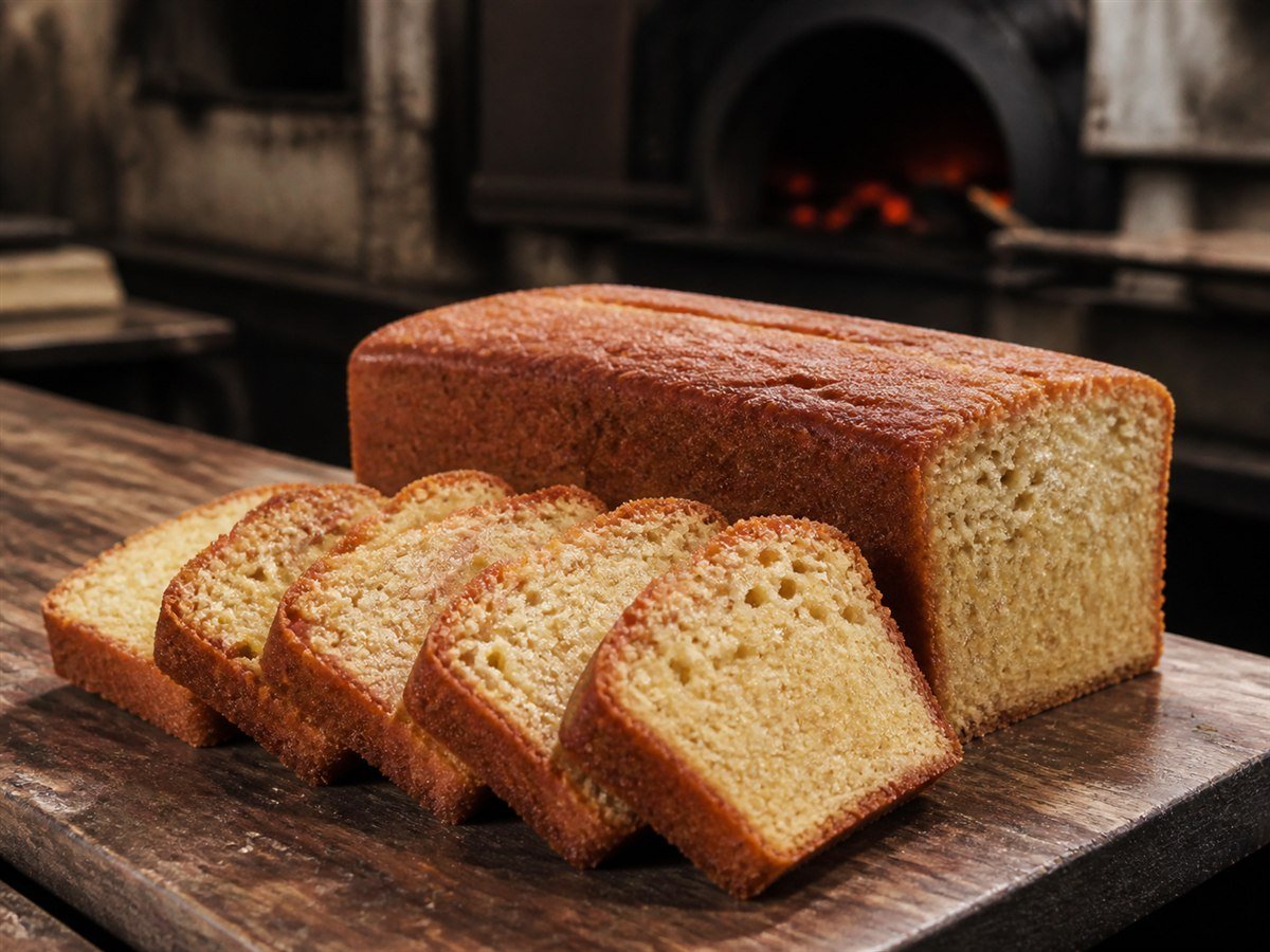 Fresh slices of golden wood-fired banana cake on a bakery counter