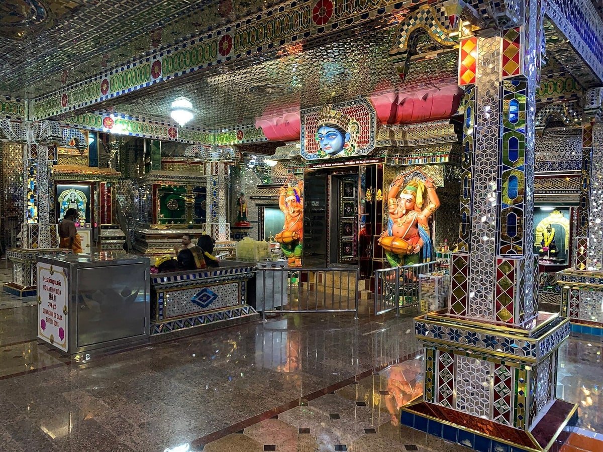 Mirrored interior of Arulmigu Sri Rajakaliamman Glass Temple in Johor Bahru